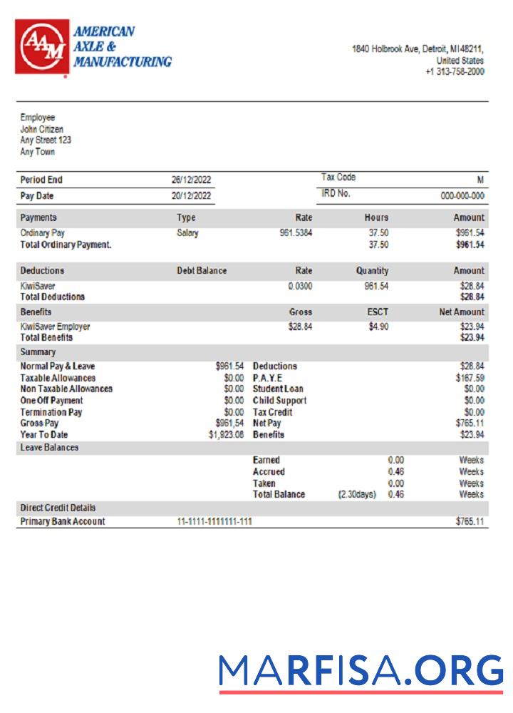 Downloadable USA American Axle manufacturing company real example